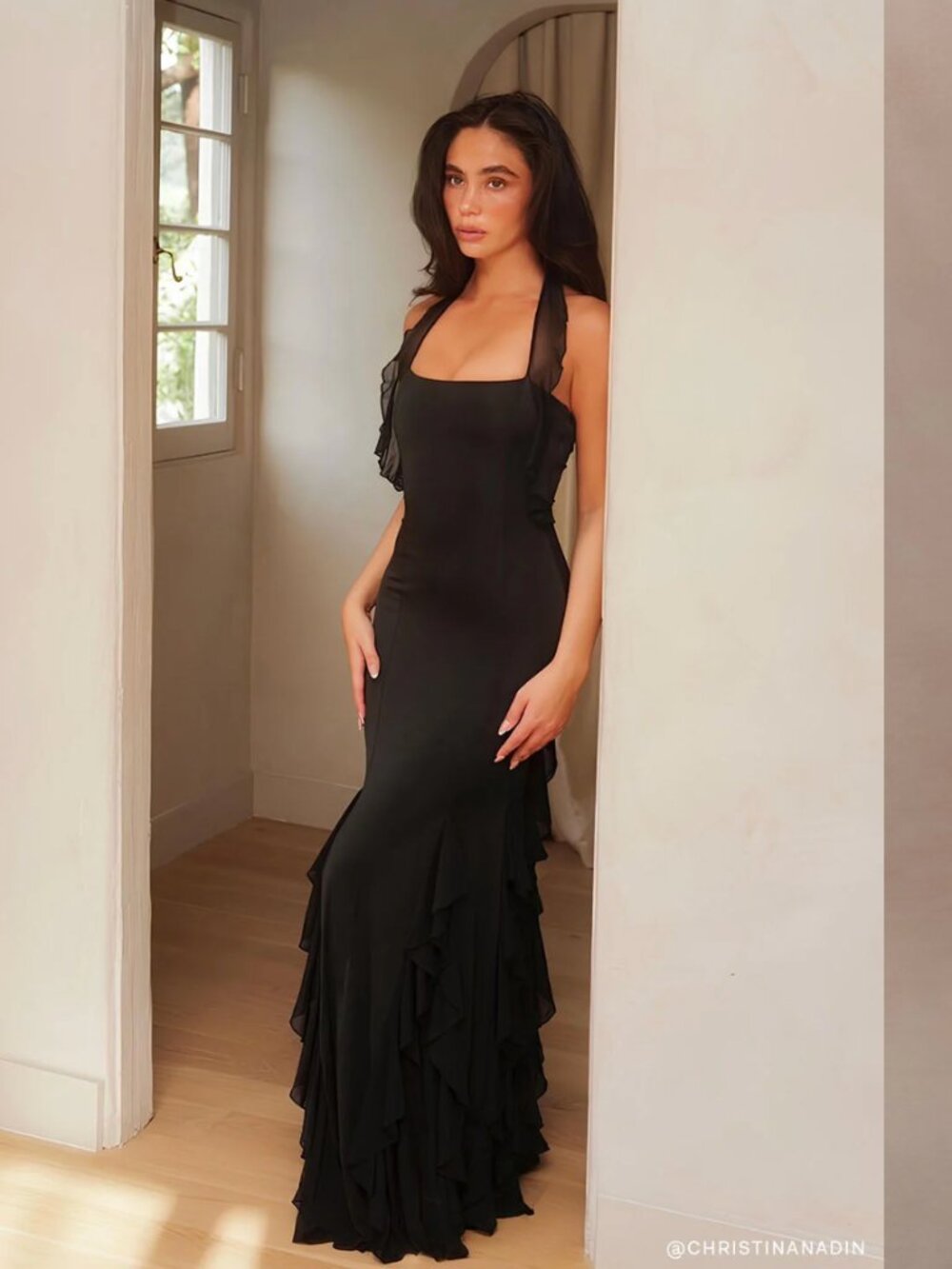 MESHKI Etta Ruffle Slinky Maxi Dress, Black, M
